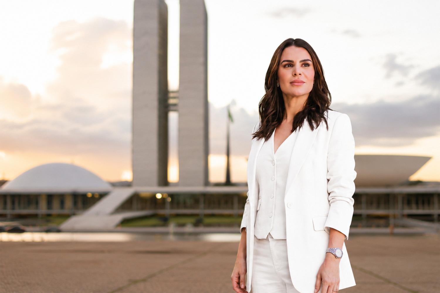 Dani Linhares em Brasília, em frente ao Congresso Nacional